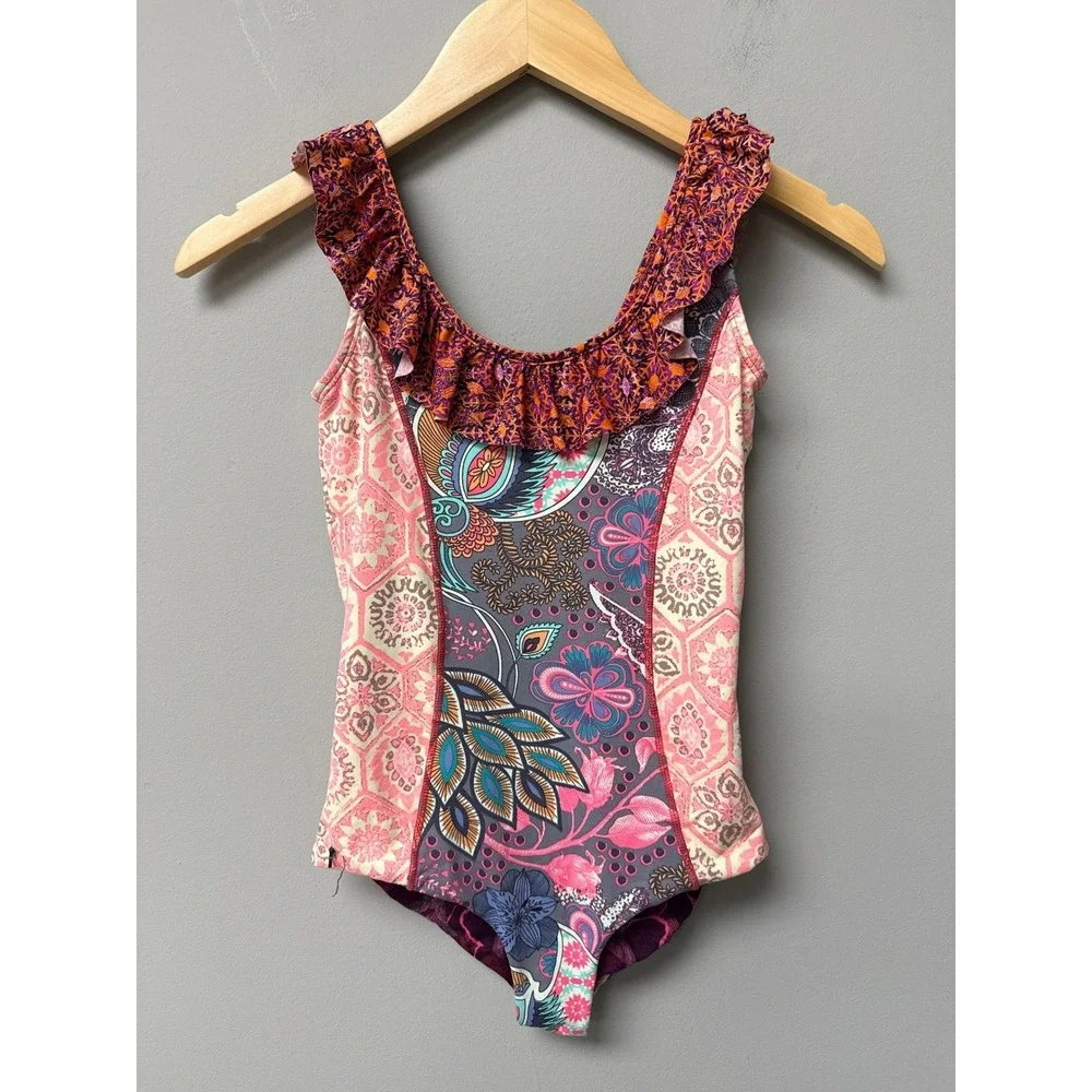 Maaji One Piece Swimsuit‎ GIRLS 16/ US 10 Floral Ruffle Reversible Bohemian EUC